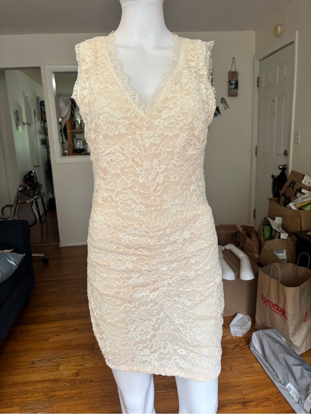Sleeveless Lace V-Neck Bodycon Dress in Cream low-backed summer dress